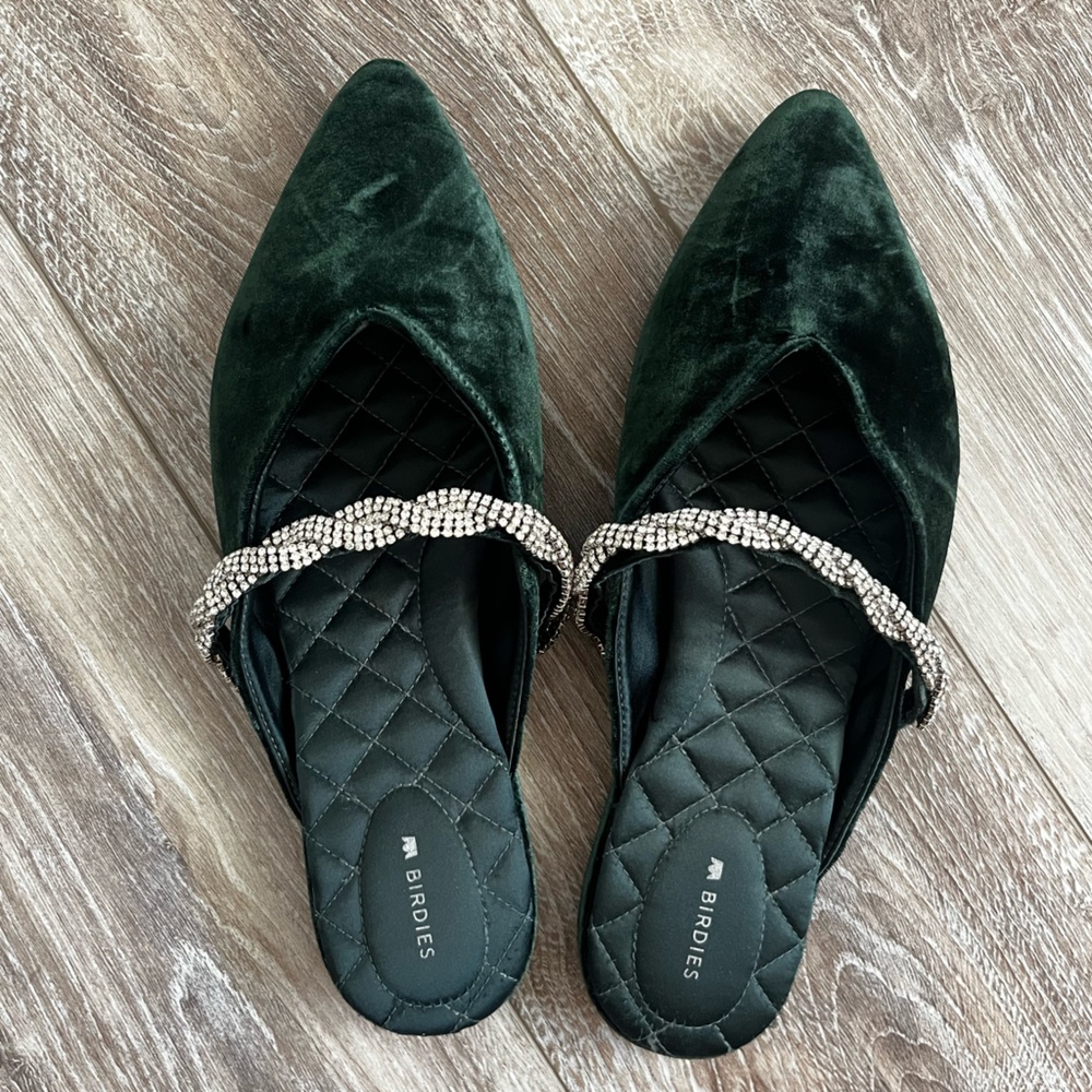 Birdies The Swan - Emerald Crystal Bracelet Sparkly Green Velvet Mules